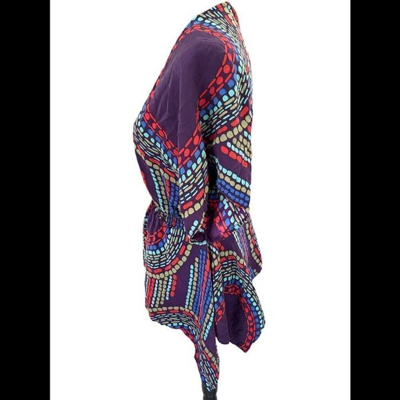 Abstract print 100% silk zip front top, shark bite hem, dolman sleeve, size S - Picture 2 of 5